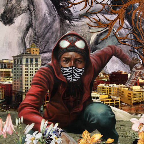 Collage of many images including a crouched person wearing a mask, a horse, a tree, a cityscape and flowers.